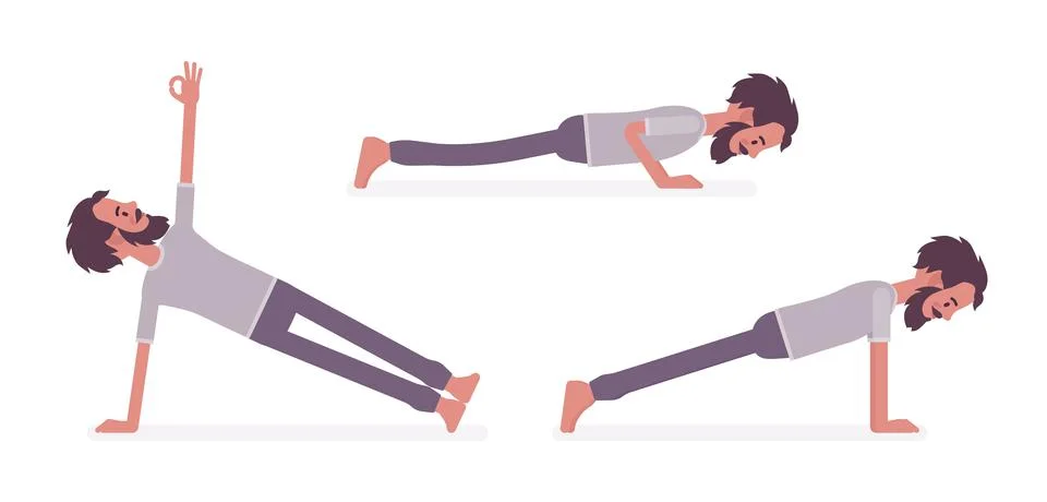 Man practicing yoga, doing Push and press ups, plank pose Stock Illustration