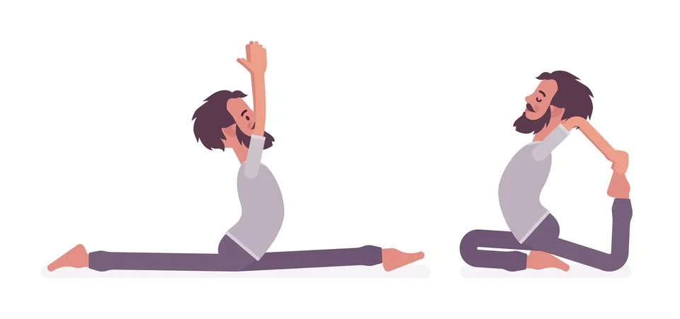 Man practicing yoga, Monkey God, One Legged King Pigeon poses Stock Illustration