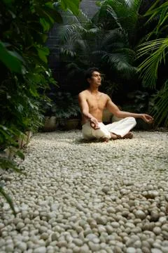 Man practicing yoga surrounded by plants Stock Photos