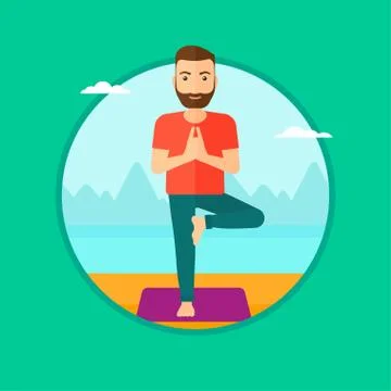 Man practicing yoga tree pose on the beach. Stock Illustration