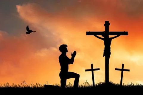 Man prayer on cross Stock Illustration