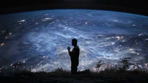 Man Praying In Front Of Night Earth New World Order Earth Future Crisis Hope Stock Footage 195184490