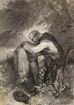 Man praying in the open air Warrior with crossbow after a work of art by Willem Stock Illustration