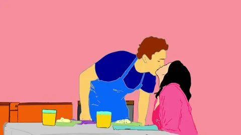 Man Prepares and Serves Partner Breakfast Cartoon Animation Colo Stock Footage 165900595
