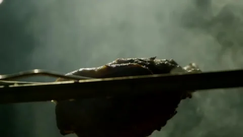 A man preparing BBQ. Flaming Barbecue Grill, Healthy eating concept Stock Footage 139480016