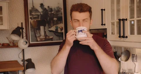 Man preparing Coffee Tea Kitchen Relaxed Perfect Morning at Home Vídeo Stock 195288508