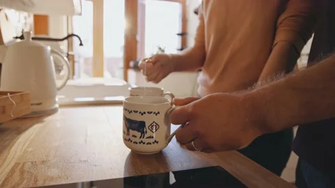 Man preparing Coffee Tea Kitchen Relaxed Perfect Morning at Home Vídeo Stock 195289004