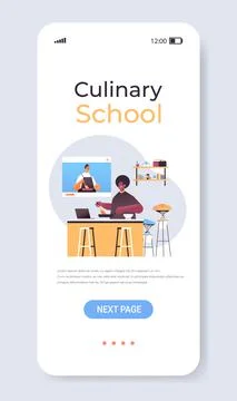 Man preparing dish guy watching video tutorial with male chef in web browser Stock Illustration