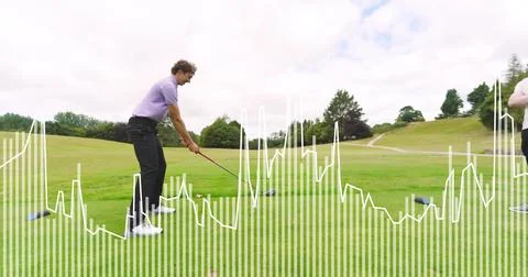 Man preparing driver shot on tee at golf course, wearing light purple polo, with Stockfoto's