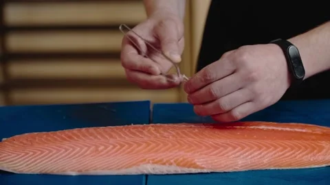 Man preparing fish salmon 스톡 동영상 135522287