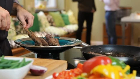 Man preparing kebab skewers. Stock Footage 106078060
