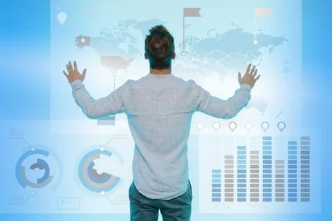 Man preparing presentation on graphical screen, rear view Stock Photos