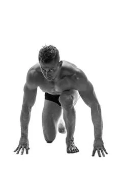 Man preparing for running. silhouette. isolate on white. Black and white photo Stock Photos