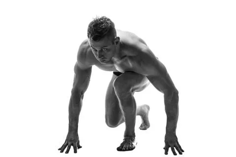 Man preparing for running. silhouette. isolate on white. Black and white photo Stock Photos