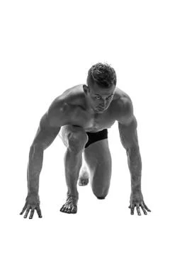 Man preparing for running. silhouette. isolate on white. Black and white photo Stock Photos