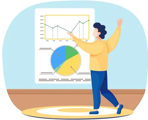 Man preparing to submit progress report. Character stands near charts with Illustrazione stock