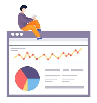 Man preparing to submit a progress report. Character sitting on webpage with Stock Illustration