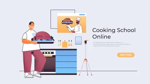 Man preparing turkey and watching video tutorial with male chef in web browser イラスト素材