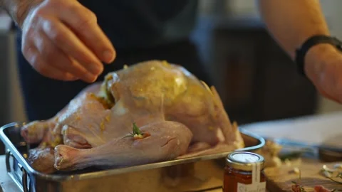 A man is preparing a turkey for Thanksgiving dinner Stock Footage 295368275