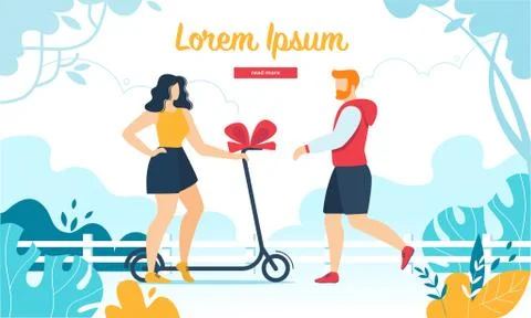 Man Present Scooter Wrapped with Red Bow to Girl Stock Illustration