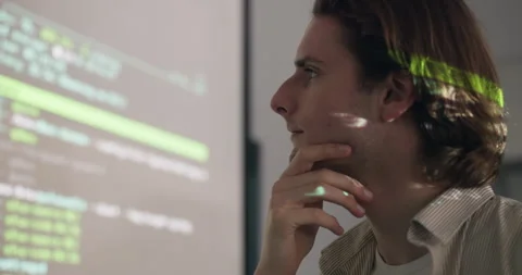 Man, presentation and coding for technology in office with thinking for web 3.0 Stock Footage 264499017