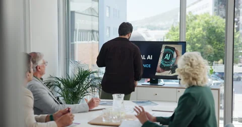 Man, presentation and screen for AI in boardroom for ethics, policy and Stock Footage 303920950
