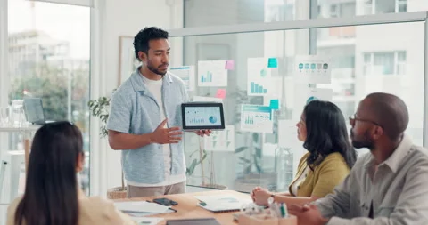 Man, presentation and tablet at startup for office meeting, team and charts for Stock Footage 318294258