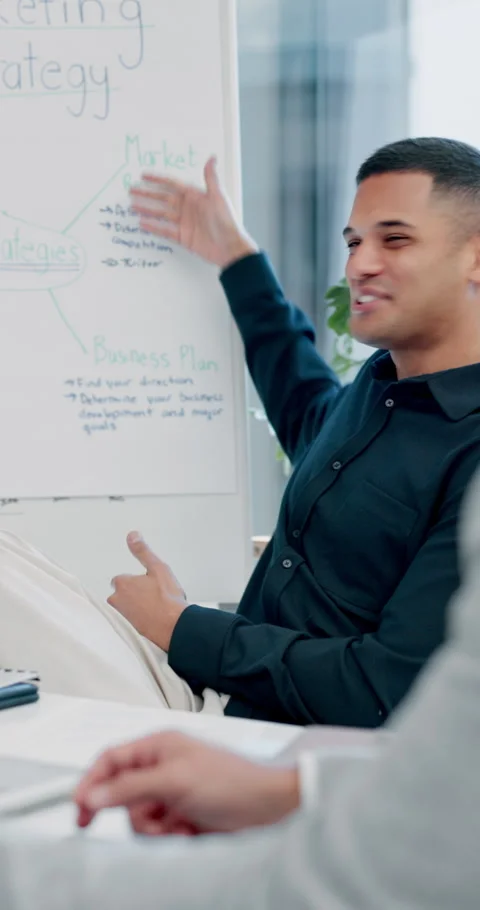 Man, presentation and team at office meeting with whiteboard, notes and point at Stock Footage 335806733