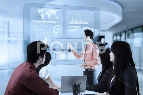 Man presentation with virtual statistics Stock Photos