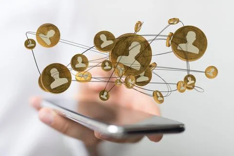 Man presenting 3D rendered human network icons above a phone screen -  concept o 写真素材