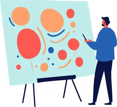 Man Presenting Abstract Art on Easel Colorful Circles Design Stock Illustration