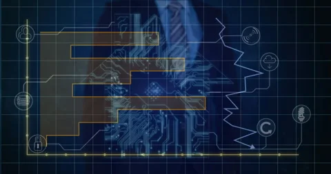 Man presenting business data using holographic bar chart and glowing globe with Stock Footage 307436924