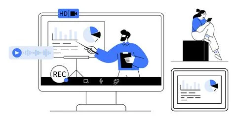 Man presenting charts on screen, recording in session. Woman taking notes, ta Illustrazione stock