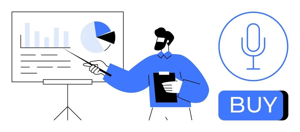 Man presenting data on a chart board, holding a clipboard. Next to him are a  Illustrazione stock