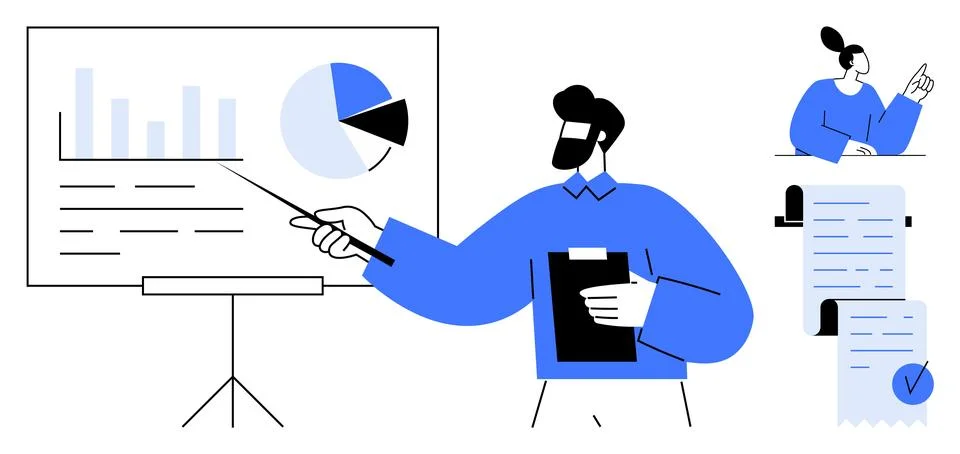 Man presenting data with graphs on screen. Second worker observing and taking Stockillustratie