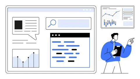Man Presenting Data Insights with Graphs and Text on Digital Screen イラスト素材