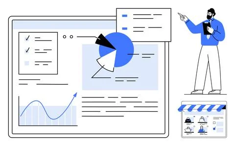 Man presenting data on large screen with charts, graphs, and statistics. Idea Illustrazione stock