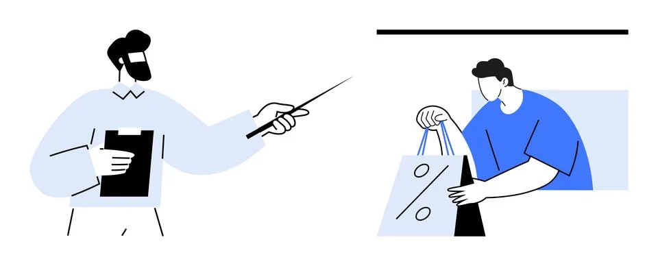 Man presenting data with pointer and clipboard on left, customer holding shop Stock Illustration