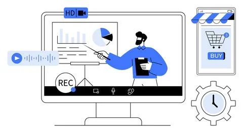 Man presenting data on screen with HD recording, charts, and e-commerce eleme Illustrazione stock