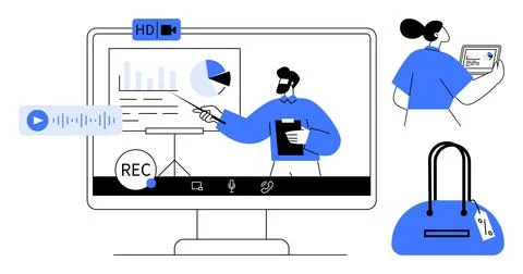 Man presenting data on screen, woman holding tablet, handbag with price tag.  Illustrazione stock