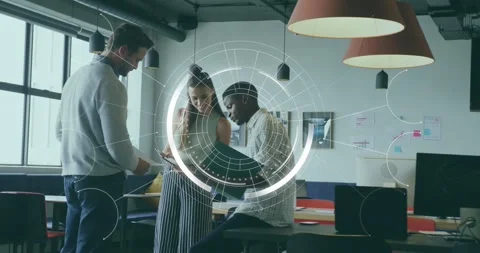 Man presenting device while team reviewing business data, HUD overlay circling Stock Footage 321435139