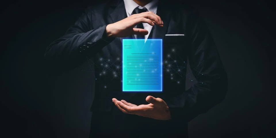 Man presenting a digital blueprinted document floating between his palms concept Stock Photos