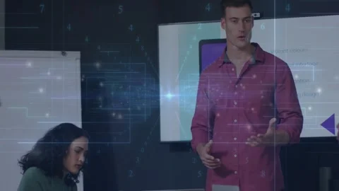 Man presenting digital data animation over diverse colleagues in modern office Stock Footage 329859486