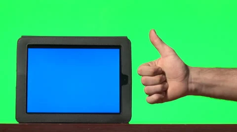 Man presenting digital tablet with a blue screen and gesturing Stock Footage 34756003