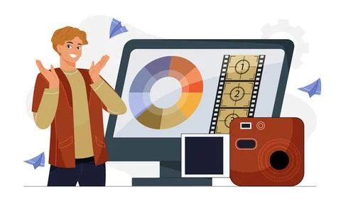 Man presenting digital video editing and photography concept. Stock Illustration