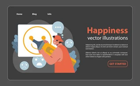Man presenting the essence of happiness on a screen. Flat vector illustration Illustrazione stock