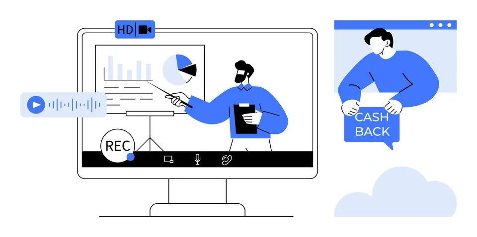 Man Presenting Financial Data on Online Webinar with Cash Back Notification Illustrazione stock