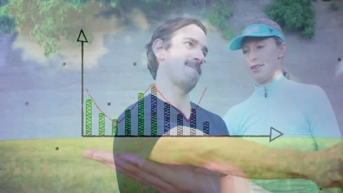 Man presenting floating AR bar chart while woman analyzing business data Stock Footage 329365352