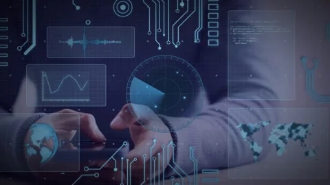 Man presenting globe then tapping phone, activating holographic tech UI updating Stock Footage 335282472