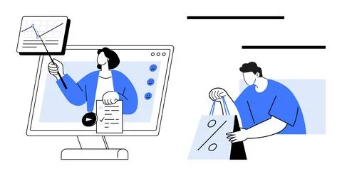 Man presenting growth chart on screen, another with discount shopping bags. I Stock Illustration